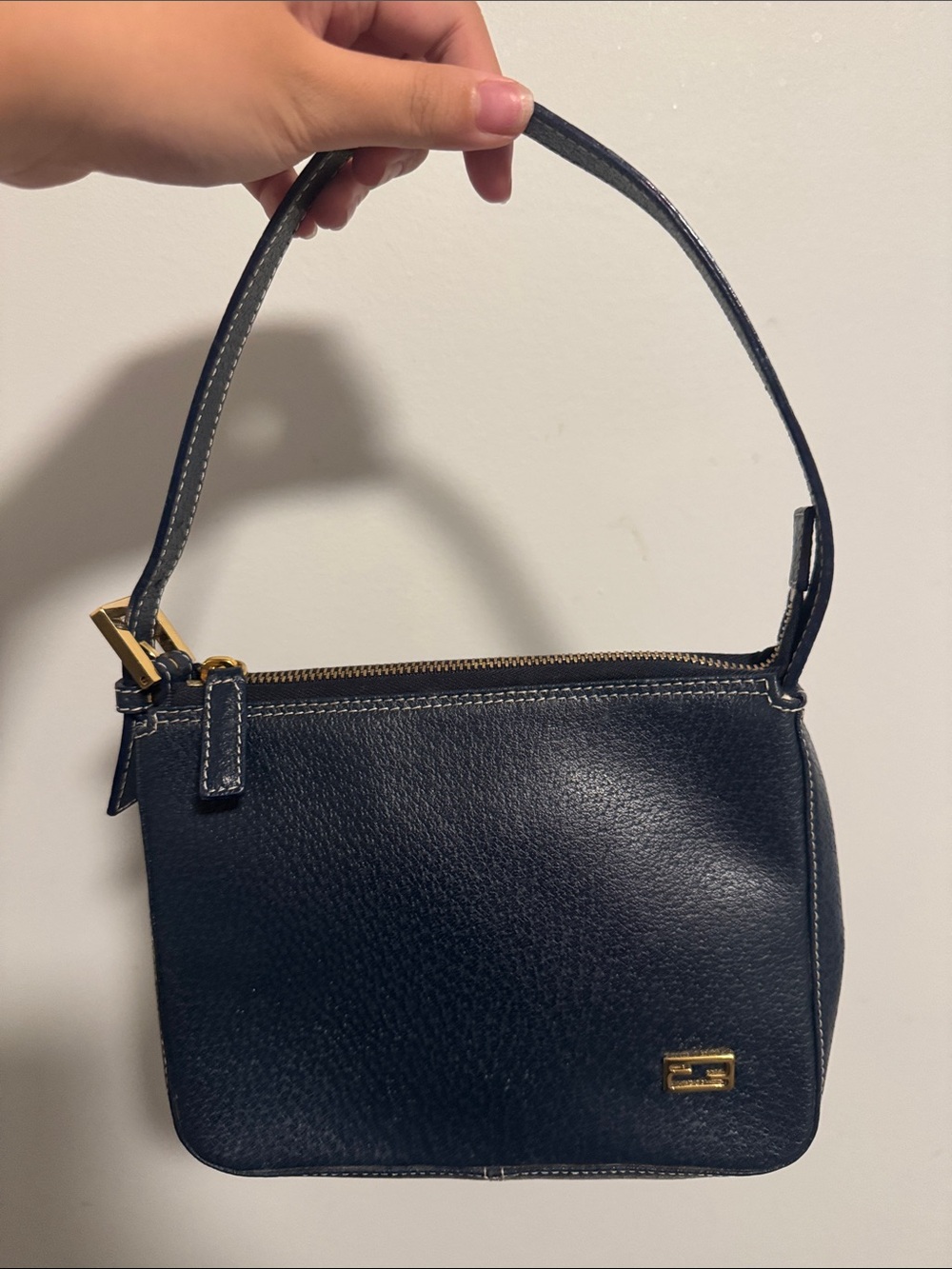 Vintage Fendi Women's Navy Leather Shoulder Bag with Gold Accent